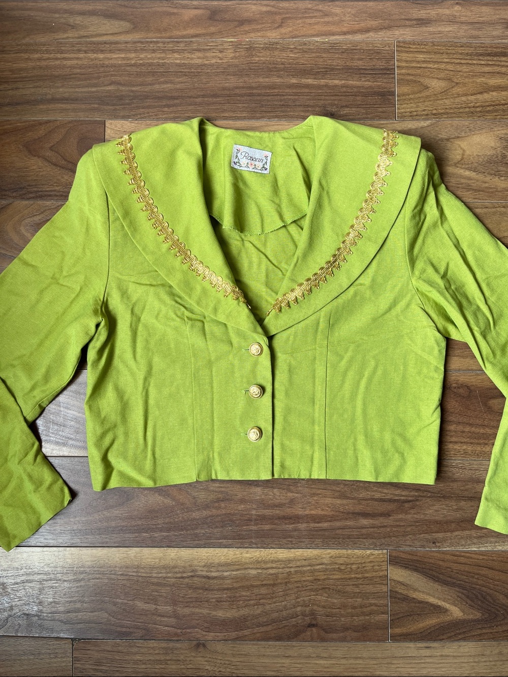 Vintage Lime Green Cropped Jacket with Gold Trim Formal Summer Blazer Crop Top